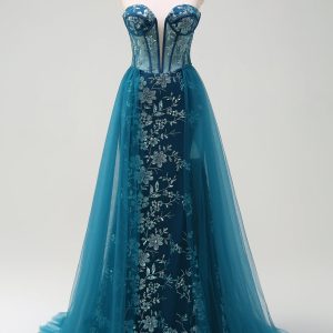 Sparkly Peacock Blue Strapless Corset Prom Dress with Detachable Tulle