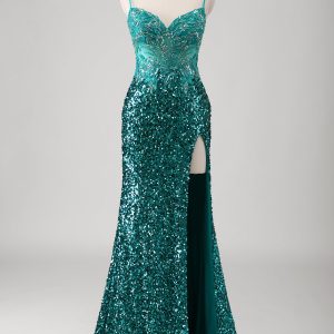 Sparkly Peacock Green Spaghetti Straps Mermaid Prom Dress with Slit