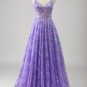 Sparkly Purple A Line Pleated Spaghetti Straps Prom Dress