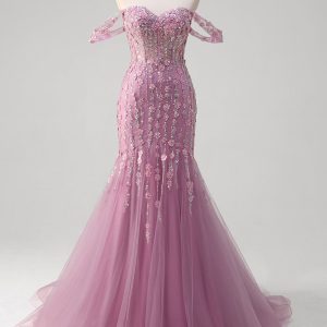 Sparkly Grey Purple Mermaid Off the Shoulder Prom Dress with Appliques