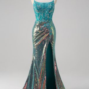 Sparkly Peacock Green Mermaid Slit Floor Length Prom Dress