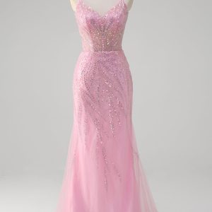 Sparkly Pink Sequined Tulle Mermaid Prom Dress