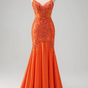 Sparkly Orange Beaded Corset Mermaid Prom Dress