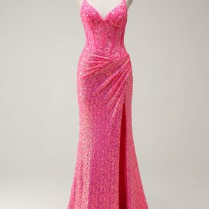 Sparkly Hot Pink Sequin Corset Mermaid Prom Dress with Slit