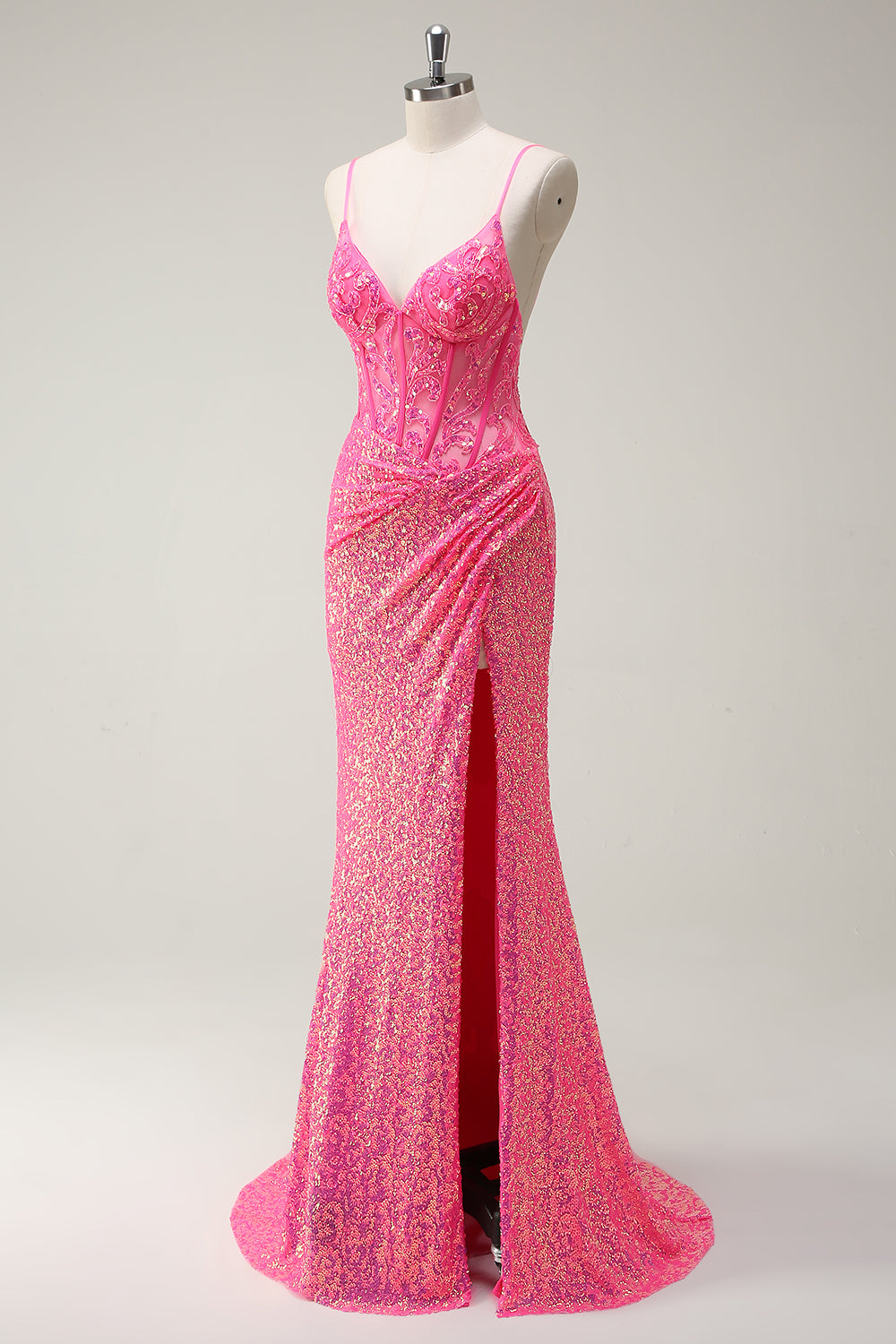 Sparkly Hot Pink Sequin Corset Mermaid Prom Dress with Slit - Image 3