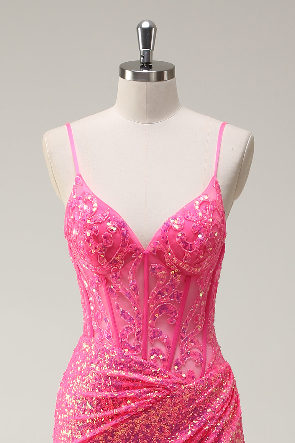Sparkly Hot Pink Sequin Corset Mermaid Prom Dress with Slit - Image 4