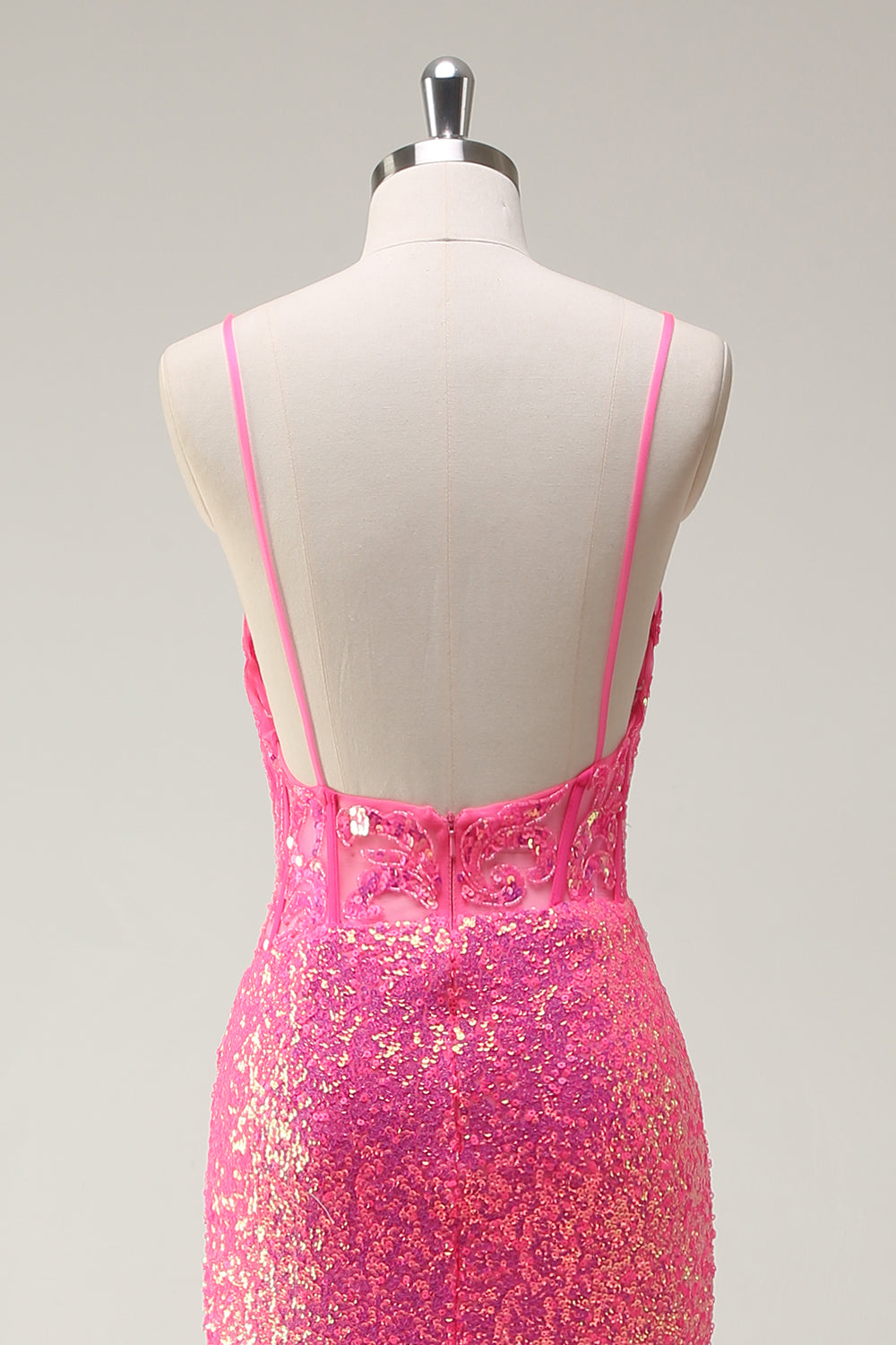 Sparkly Hot Pink Sequin Corset Mermaid Prom Dress with Slit - Image 5