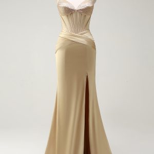 Sparkly Mermaid Spaghetti Straps Golden Corset Long Prom Dress with Slit