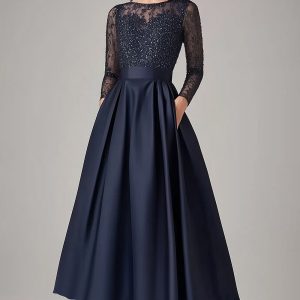 Sparkly Navy Beaded A Line Long Sleeves Mother Of the Bride Dress with Lace