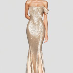 Sparkly Mermaid Champagne Off Shoulder Pleated Formal Dress with Sequins