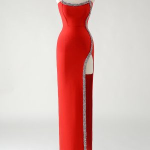 Sparkly Red Sheath Strapless Rhinestones Tea Length Prom Dress with Slit