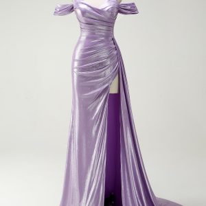 Sparkly Off The Shoulder Lilac Ruched Side Cape Prom Dress with Slit