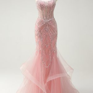 Sparkly Pink Mermaid Spaghetti Straps Corset Long Prom Dress