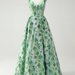 Sparkly Green Floral A-Line Spaghetti Straps Long Prom Dress