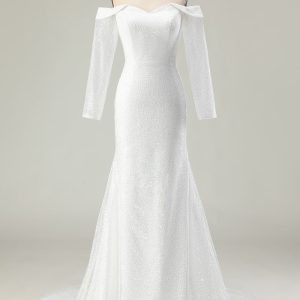 Sparkly Ivory Off the Shoulder Mermaid Long Sleeve Wedding Dress