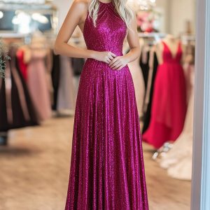 Sparkly Halter A Line Pleated Metallic Satin Fuchsia Prom Dress