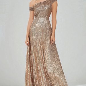 Sparkly Golden One Shoulder Sheath Formal Dress
