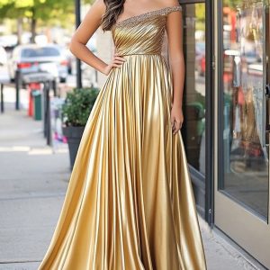 Sparkly Golden Metallic One Shoulder A Line Pleated Long Prom Dress