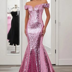 Sparkly Off the Shoulder Pink Mermaid Sequin Long Prom Dress