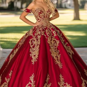 Sparkly Red Golden Satin Quinceanera Dress with Appliques