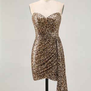Sparkly Khaki Leopard Ruched Bodycon Strapless Homecoming Dress With Sash