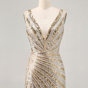 Sparkly Golden V-Neck Bodycon Homecoming Dress