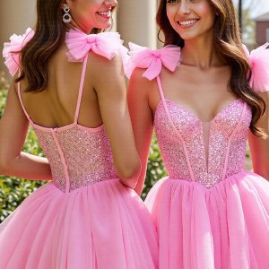 Sparkly Pink A Line Homecoming Dress with Bows