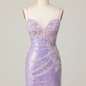 Sparkly Lilac Bodycon Corset Homecoming Dress with Appliques