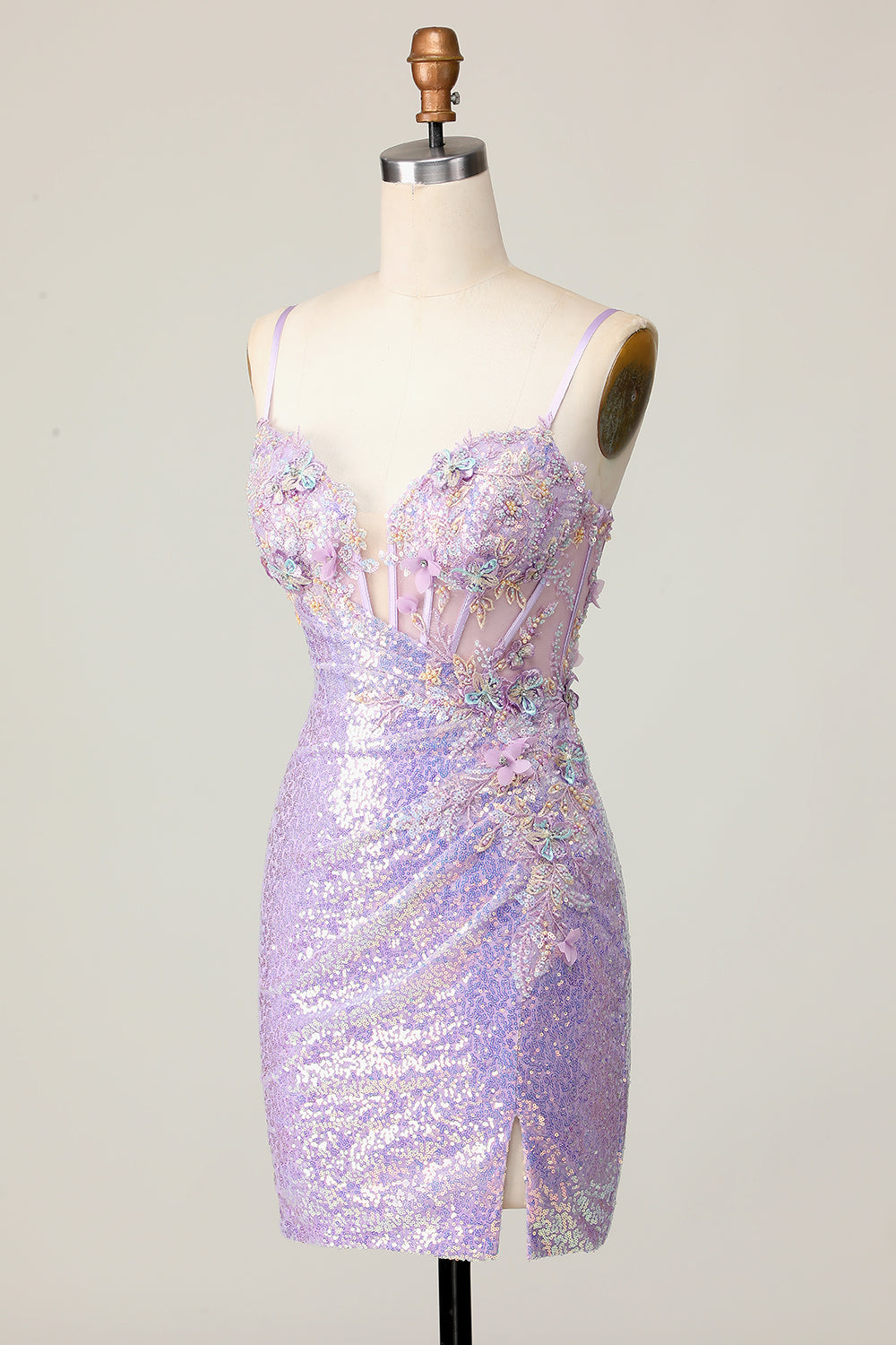 Sparkly Lilac Bodycon Corset Homecoming Dress with Appliques - Image 5