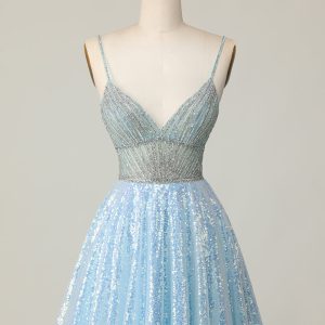 Sparkly Light Blue V Neck Sequins A Line Homecoming Dress