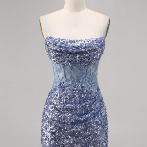 Sparkly Grey Blue Corset Homecoming Dress with Slit