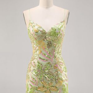 Sparkly Green Spaghetti Straps Tight Homecoming Dress