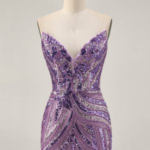 Sparkly Purple Strapless Tight Homecoming Dress