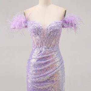 Sparkly Lilac Off The Shoulder Bodycon Corset Homecoming Dress