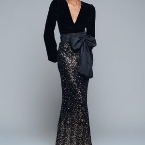 Sparkly Mermaid Black Long Sleeve Formal Dress with Bow