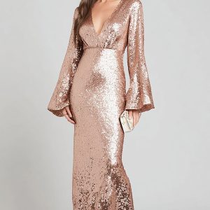 Sparkly Rose Gold V-Neck Sheath Formal Dress with Long Sleeves