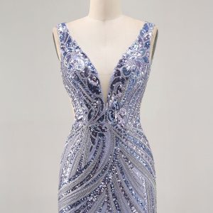 Sparkly Lilac V-Neck Bodycon Homecoming Dress