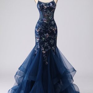 Sparkly Navy Mermaid Appliqued Corset Tulle Prom Dress