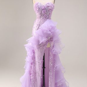 Sparkly Lilac Strapless Corset Prom Dress with Ruffles