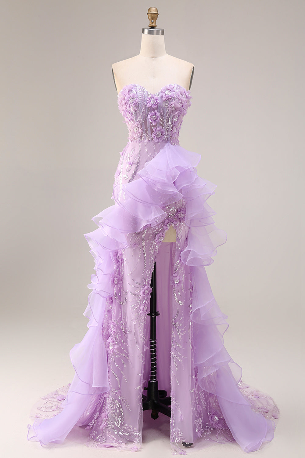 Sparkly Lilac Strapless Mermaid Corset Prom Dress with Ruffles - Image 3