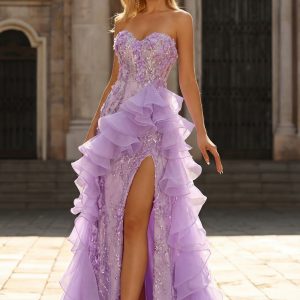 Sparkly Lilac Strapless Mermaid Corset Prom Dress with Ruffles