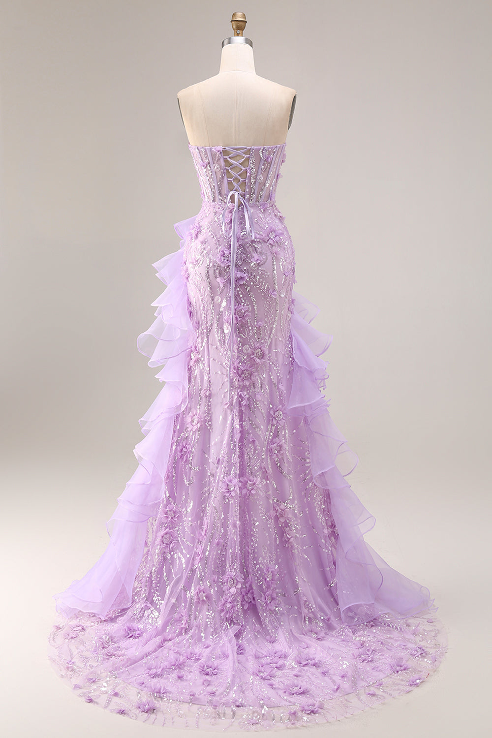 Sparkly Lilac Strapless Mermaid Corset Prom Dress with Ruffles - Image 4
