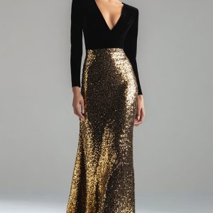 Sparkly Gold and Black Velvet Long Sleeve V-Neck Formal Dress
