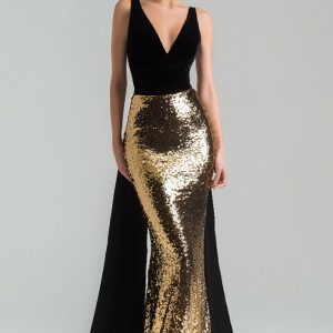 Sparkly Gold and Black Mermaid V-Neck Gala Dress with Sash