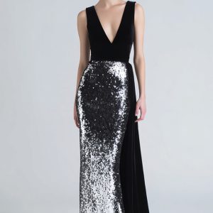 Sparkly Mermaid Black and Silver Velvet Formal Dress With Sash