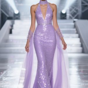 Sparkly Light Purple Halter Mermaid Pageant Dress with Drape