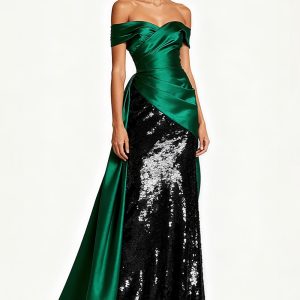 Sparkly Off The Shoulder Dark Green Ruched Holiday Dress