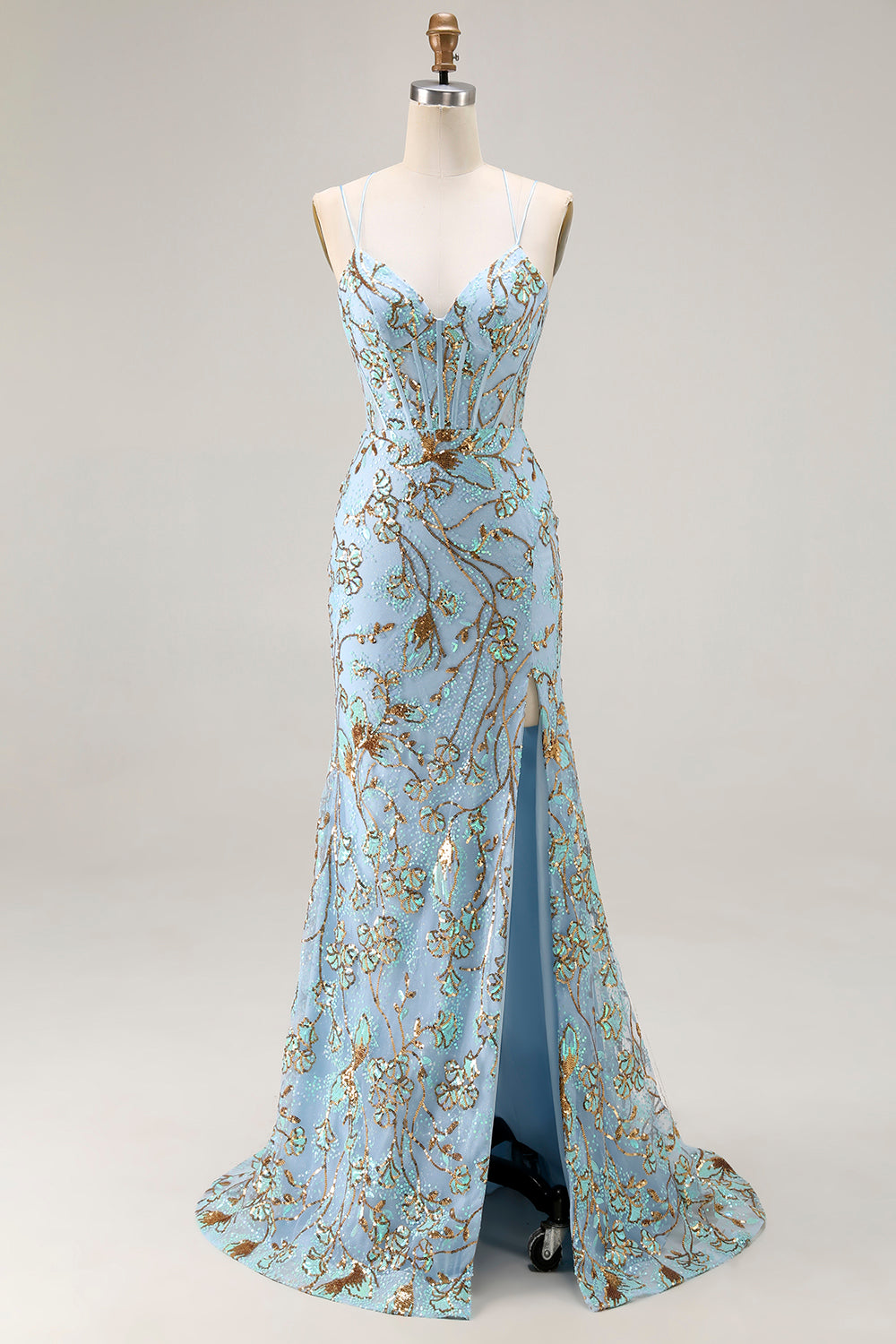 Sparkly Lake Blue Mermaid Corset Prom Dress With Slit - Image 7