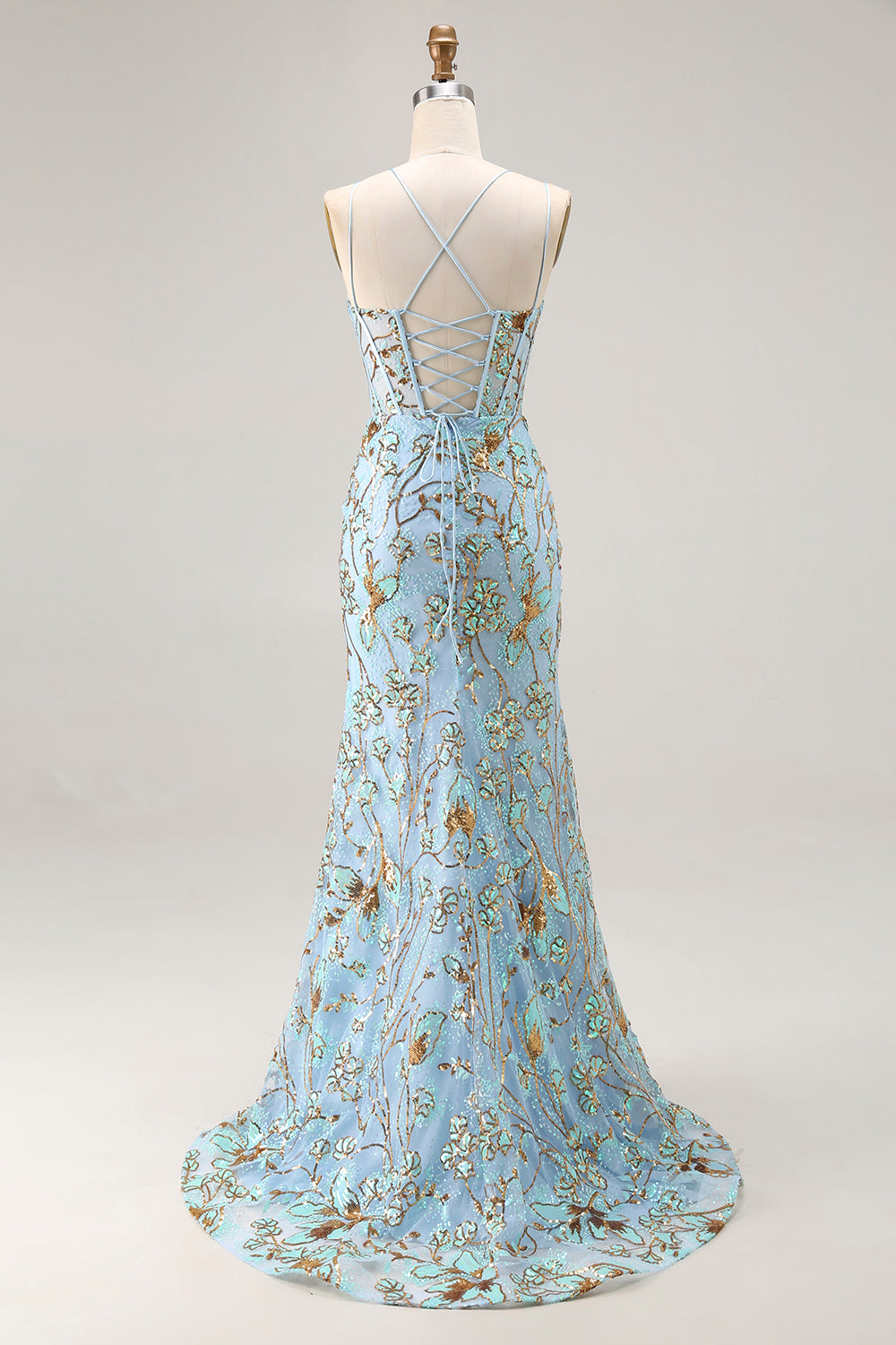 Sparkly Lake Blue Mermaid Corset Prom Dress With Slit - Image 8