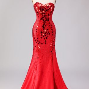 Sparkly Red Mermaid Strapless Beaded Prom Dress